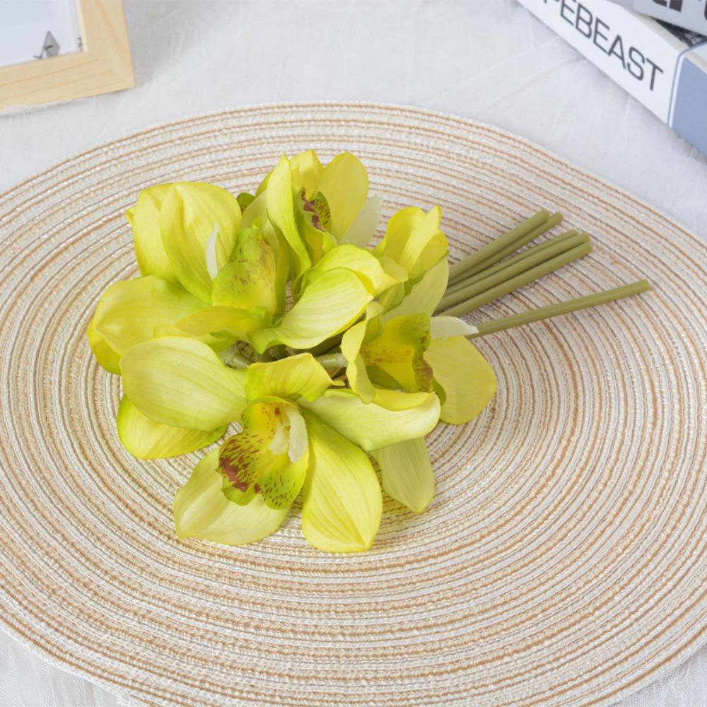 6 Heads Artificial Cymbidium Flowers Real Touch Magnolia Branch Birthday Decor