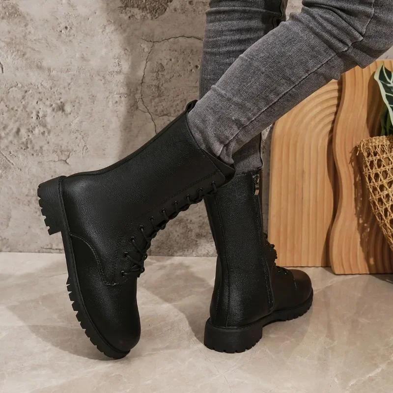 2024 Горячая Распродажа Туфли для женщин на шнуровке с молнией Женские ботинки Осенние круглые носки Однотонные низкие каблуки Нейтральные удобные модные ботинки