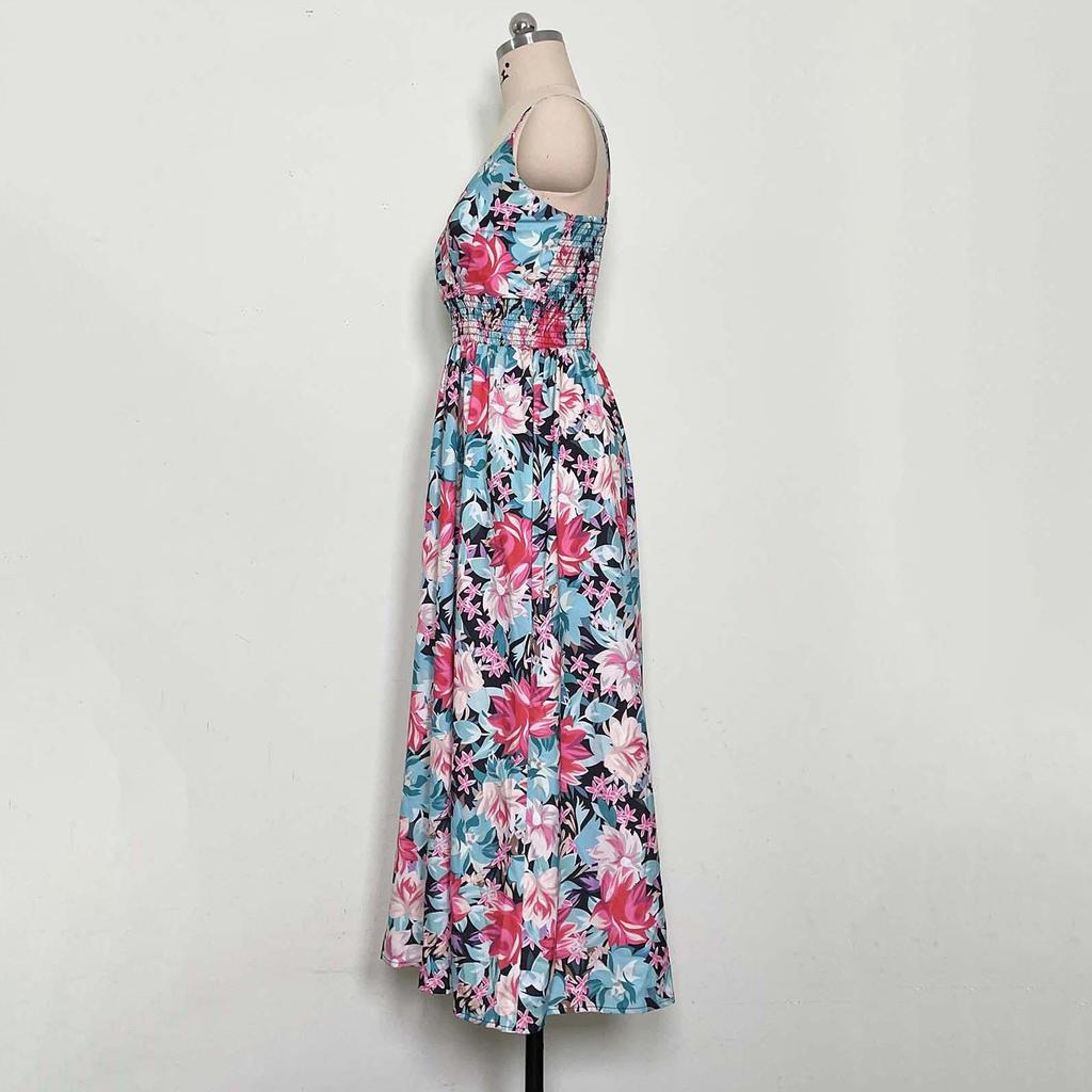 Женское летнее платье без рукавов с этническим принтом и высокой талией на шнуровке