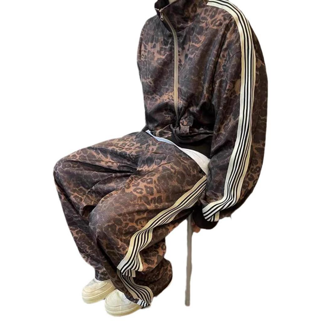 Мужской ретро спортивный костюм с леопардовым принтом в стиле стритвир, куртка и спортивные штаны, 2024