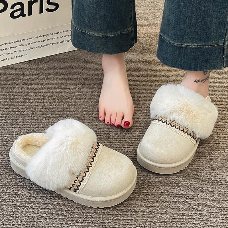 Fashion 2025 Winter Warm Fluffy Platform Slippers for Women Fashion Striped Faux Fur Home Shoes Woman Thick Sole Non Slip Plush Slippers