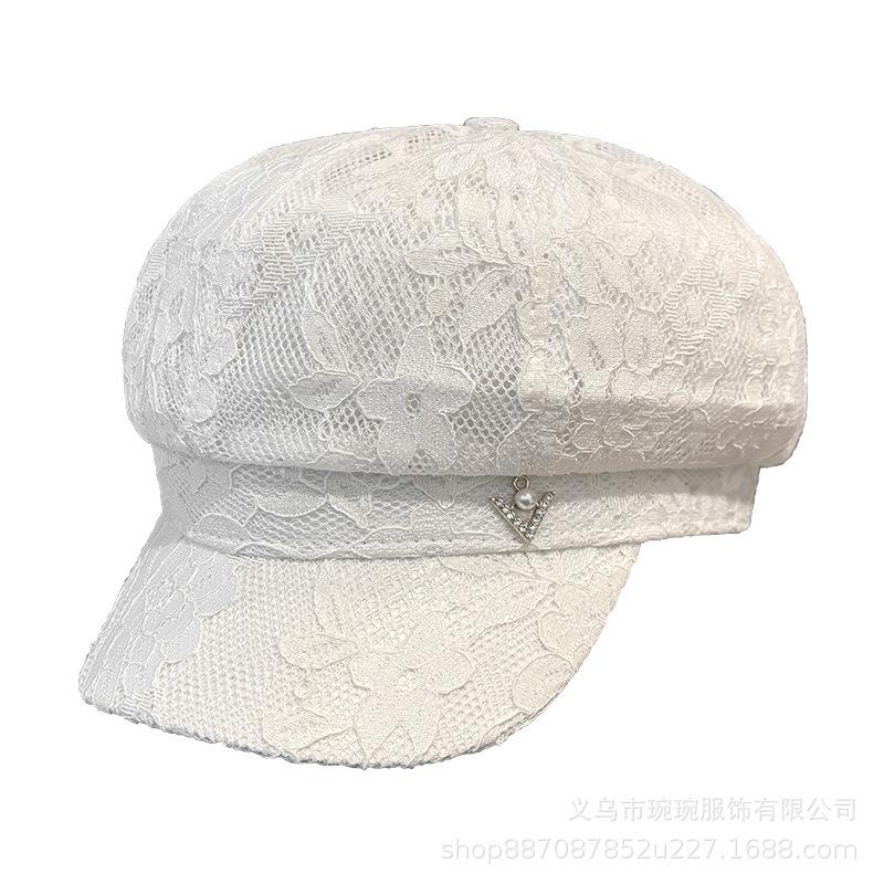 Summer thin British rhinestone pearl pendant octagonal hat children European and American retro fashion breathable painter newsboy hat