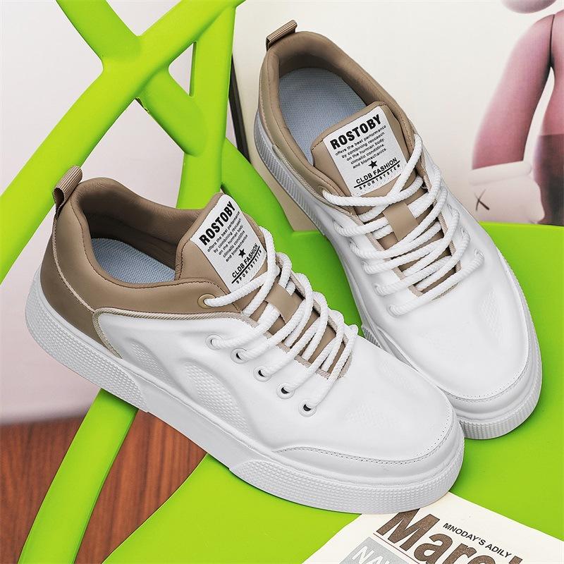 Мужская обувь 2024 Новая летняя тенденция Универсальные спортивные и повседневные кеды с низким верхом для подростков, увеличивающие рост, с кожаным верхом, белые