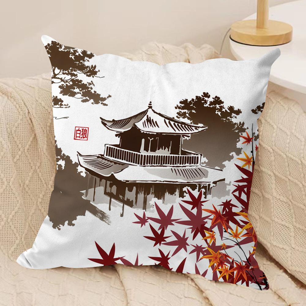Japanese Pagoda Landscape Cushion Cover Plush Fabric Soft DoubleSided Printed Sofa Warm Winter Home Gift Pillow Cover
