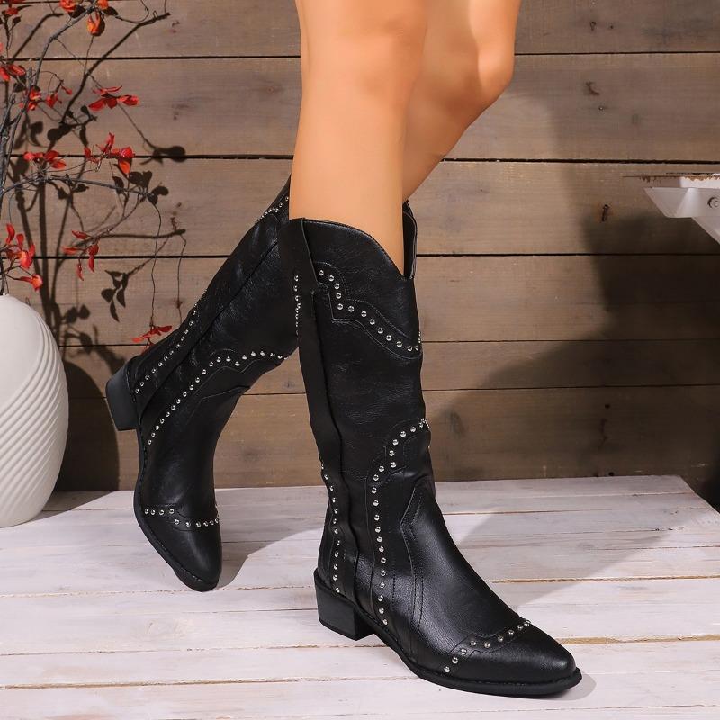 Shoes for Women  New Slip-on Women's Boots Fashion Rivet Modern Boots Women Sexy Pointed Toe Knee-High High Heels Zapatos