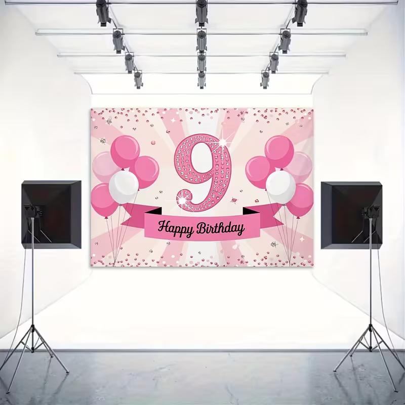 2D Elegant Pink 9th Birthday Background Cloth, Diamond Number Party Tapestry