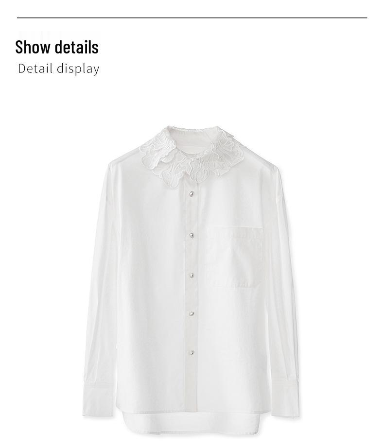 Французская мода Вышитая хлопковая женская рубашка с длинным рукавом и отложным воротником