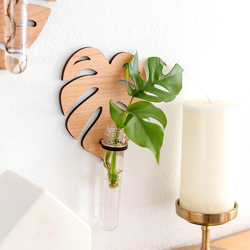 1PC Wall Planters Home Decor Wooden Bohemian Plant Hangers Wall-Mounted Plastic Tube Leaf Shape Hanging Shelf
