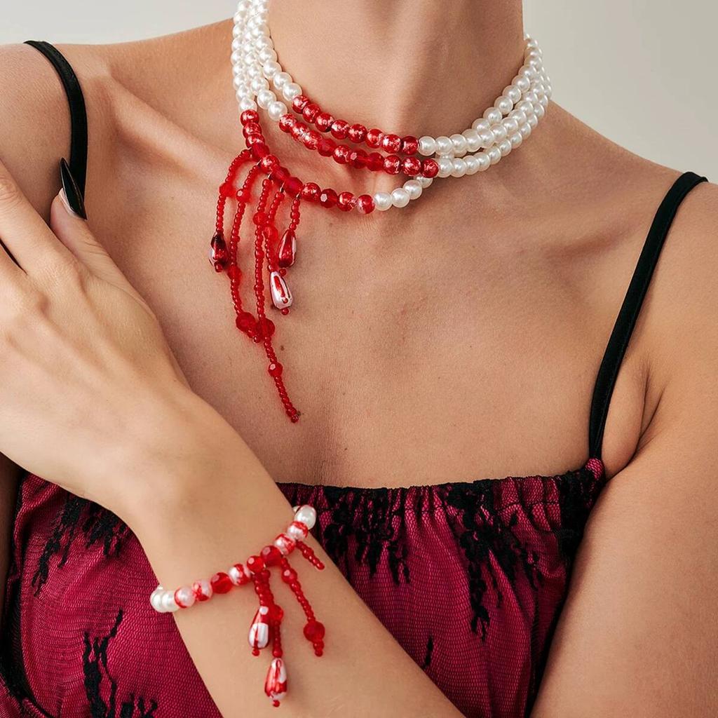 IngeSight.Z Multilayer Goth Red Blood Pattern Imitation Pearl Crystal Tassel Necklace Bracelet Women Vintage Luxury Jewelry Set