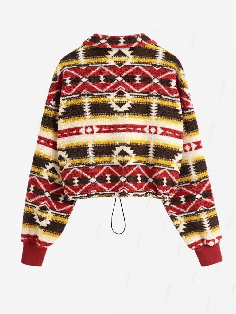 ZAFUL Женская толстовка с этническим принтом ацтеков, застежкой-молнией на короткую четверть длины, затягивающимся шнурком, отложным воротником, длинными рукавами, свободная, пушистая, плюшевая