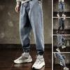 Mid-Rise Elastic Waistband Drawstring Shrinkable Cuffs Casual Jeans Men Multi Pockets Hip Hop Denim Jogging Pants Streetwear