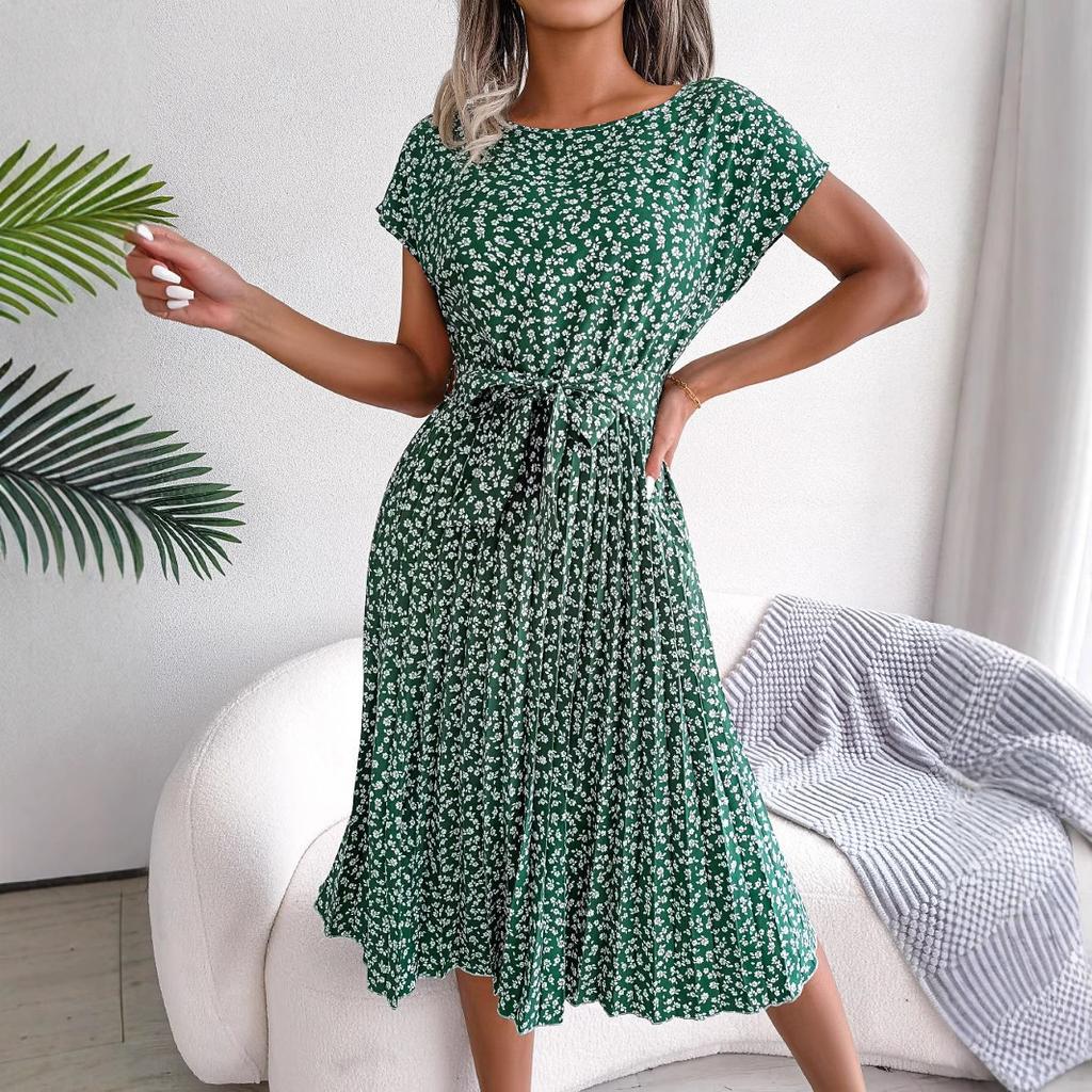 Instagram-style Real Photos of Spring and Summer Casual Short-sleeved, Floral, Large-swing Pleated Skirt Women's Clothing