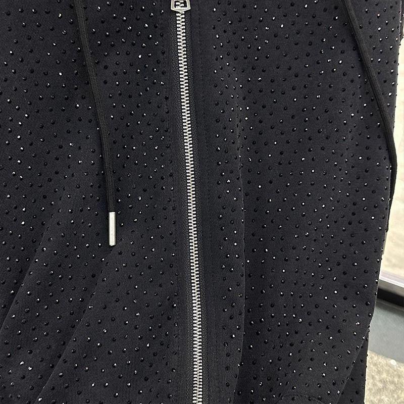 Women's Spring and Autumn Thin Section Loose Plus Size Black Zip Paragraph Diamond Hooded Jacket