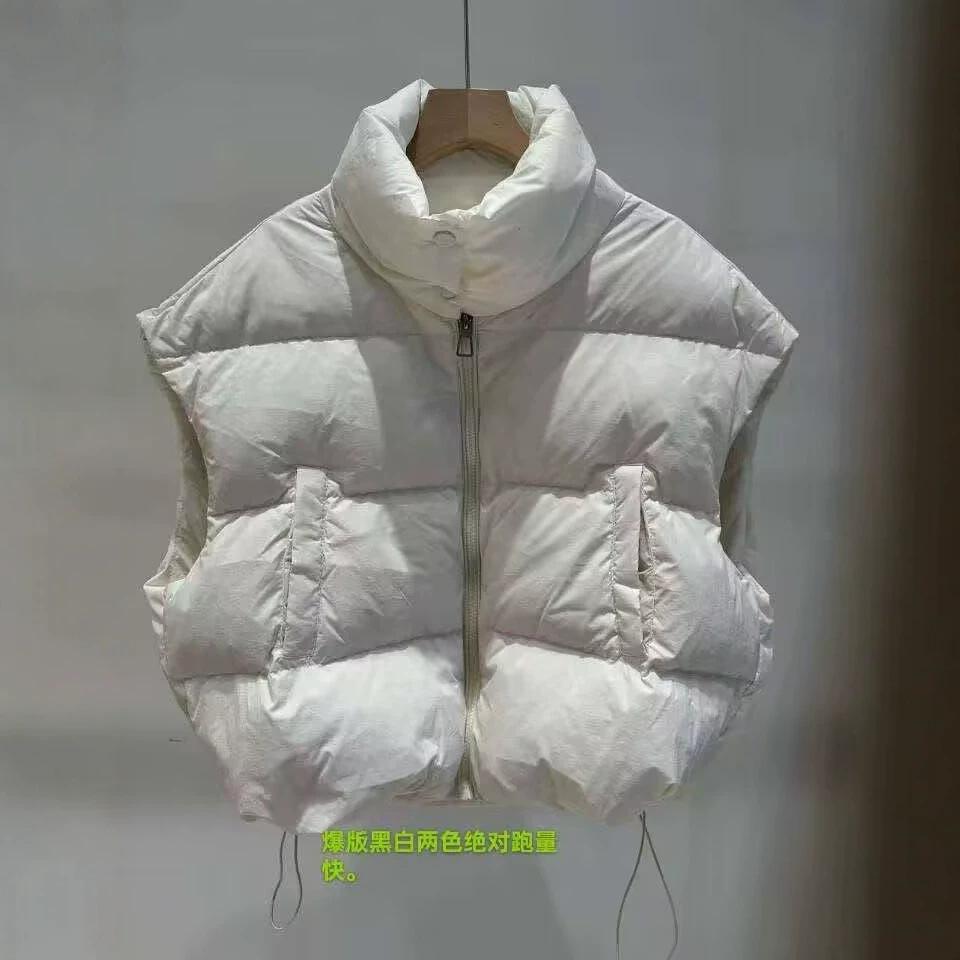White duck down solid color drawstring vest women's clothing autumn and winter new Hong Kong style vest stand-up collar vest short top