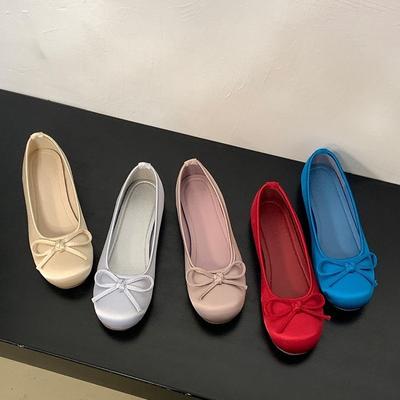 Балетки с круглым носком и бантом женские весенне-летние синие туфли на плоской подошве для легкого ветра туфли в стиле бабушки