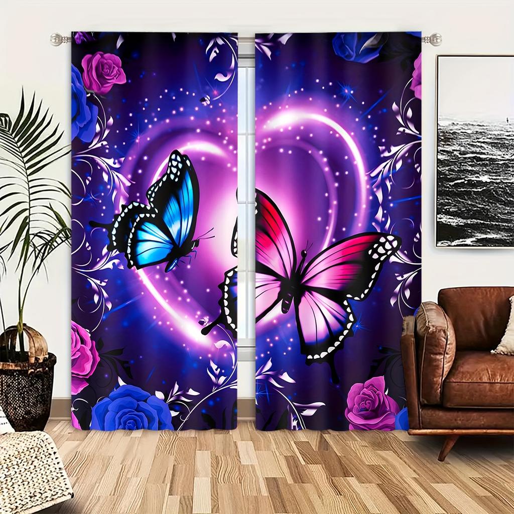 2pcs Five-colored Butterfly Printed Curtains, Study Room Kitchen Living Room Dorm Room Rod Pocket Window Drapes, Bedroom Accesso