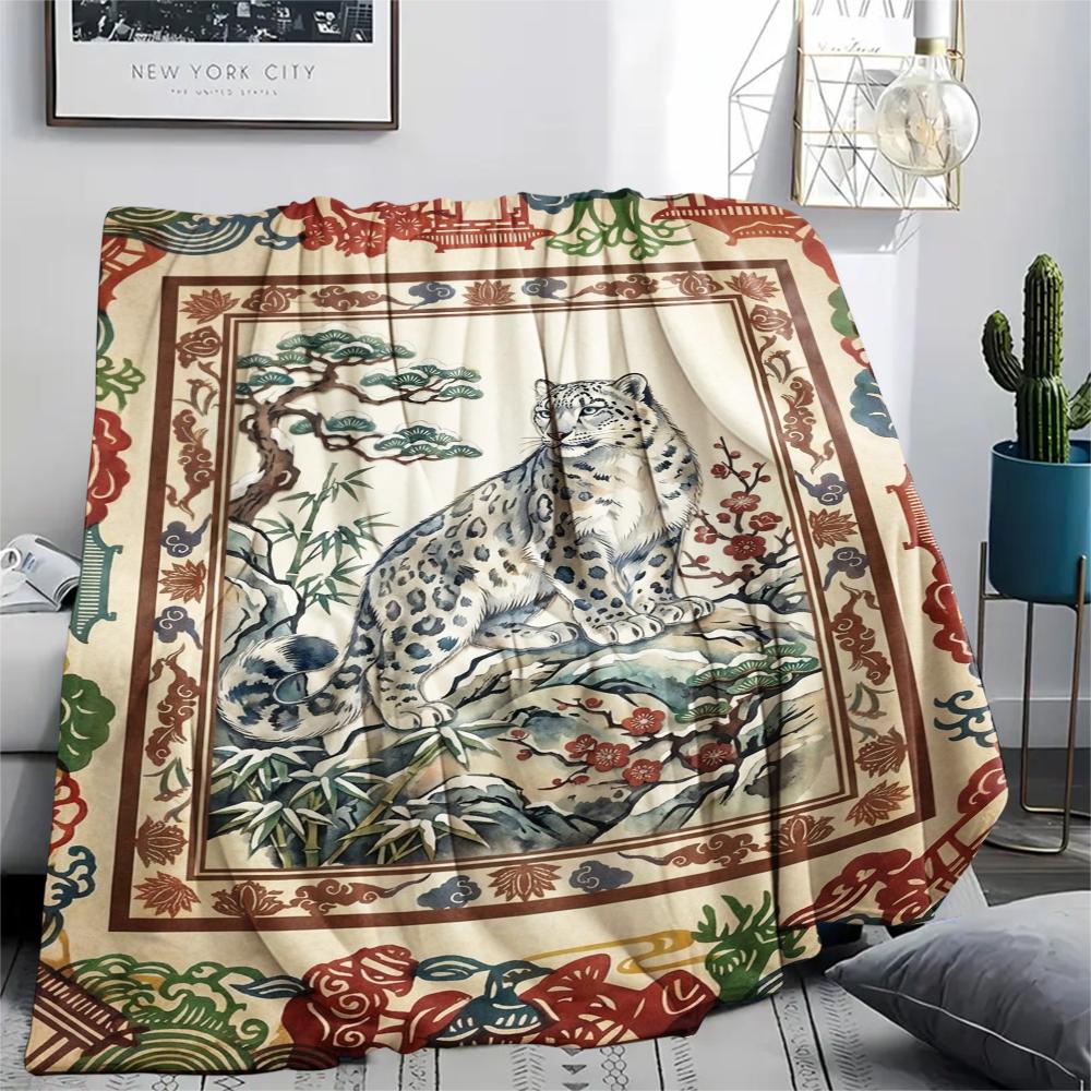 Snow Leopard Animal Print Flannel Blanket, High quality Comfortable for All Seasons, Home Decor, Warmth and Comfort, Perfect for Christmas Gifts115