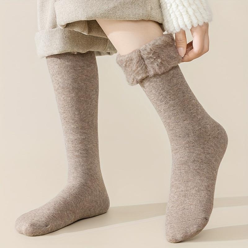 3 Pairs Solid Fleece Lined Calf Socks, Thickened & Warm Long Socks For Fall & Winter, Women's Stockings & Hosiery