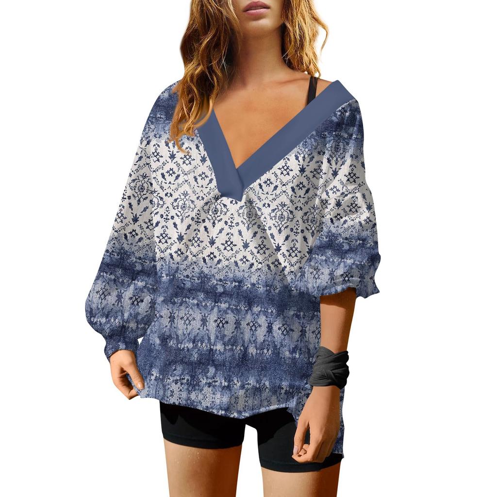 Женская мода ретро принтованный V-образный вырез длинный рукав свободный пуловер свитшот топ