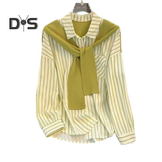 Women Shirt Lapel Long Sleeve Vertical Striped Fake Two-Piece Design Shawl Back Shirt Loose Fit Buttons Placket Shirt Tops