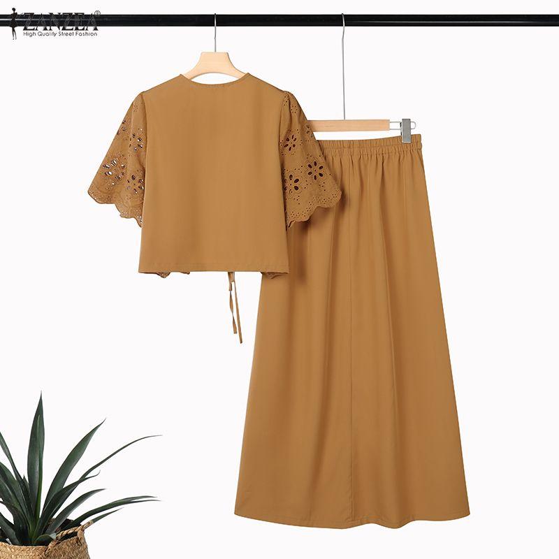 ZANZEA Женская блузка крючком с коротким рукавом и юбки Летние костюмы-двойки