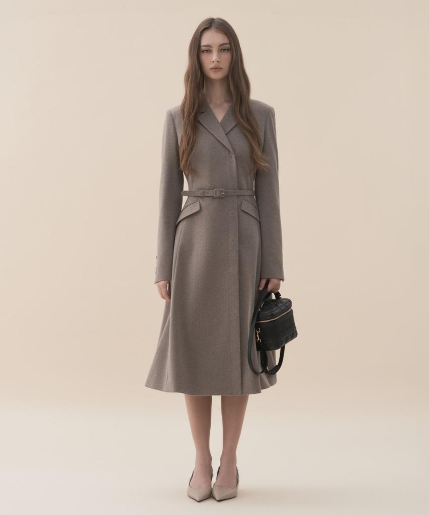 MAU SOLEUM Jenn Herringbone Long Belted Dress - Brown