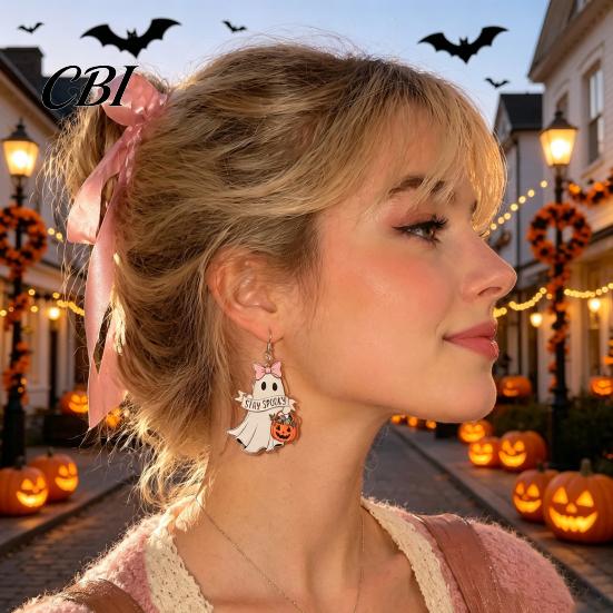 Goth Aesthetic Fashion Earrings 1 Pair Acrylic Ghost for Women, Halloween Cute Dangle Drop Daily Wear with Pumpkin Bucket And Pink Bow Party