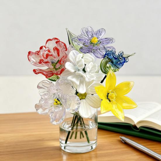 Hand-Blown Glass Flower Decoration with Wire Stem Handmade Colored Glaze Floral Figurine Home Living Room Office Table Flower Vase Ornament