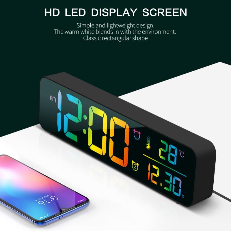Large Music Digital Wall Clock Temperature Date 5 Level Brightness 12/24H 2 Alarms USB Powered Mirror LED Alarm Clock