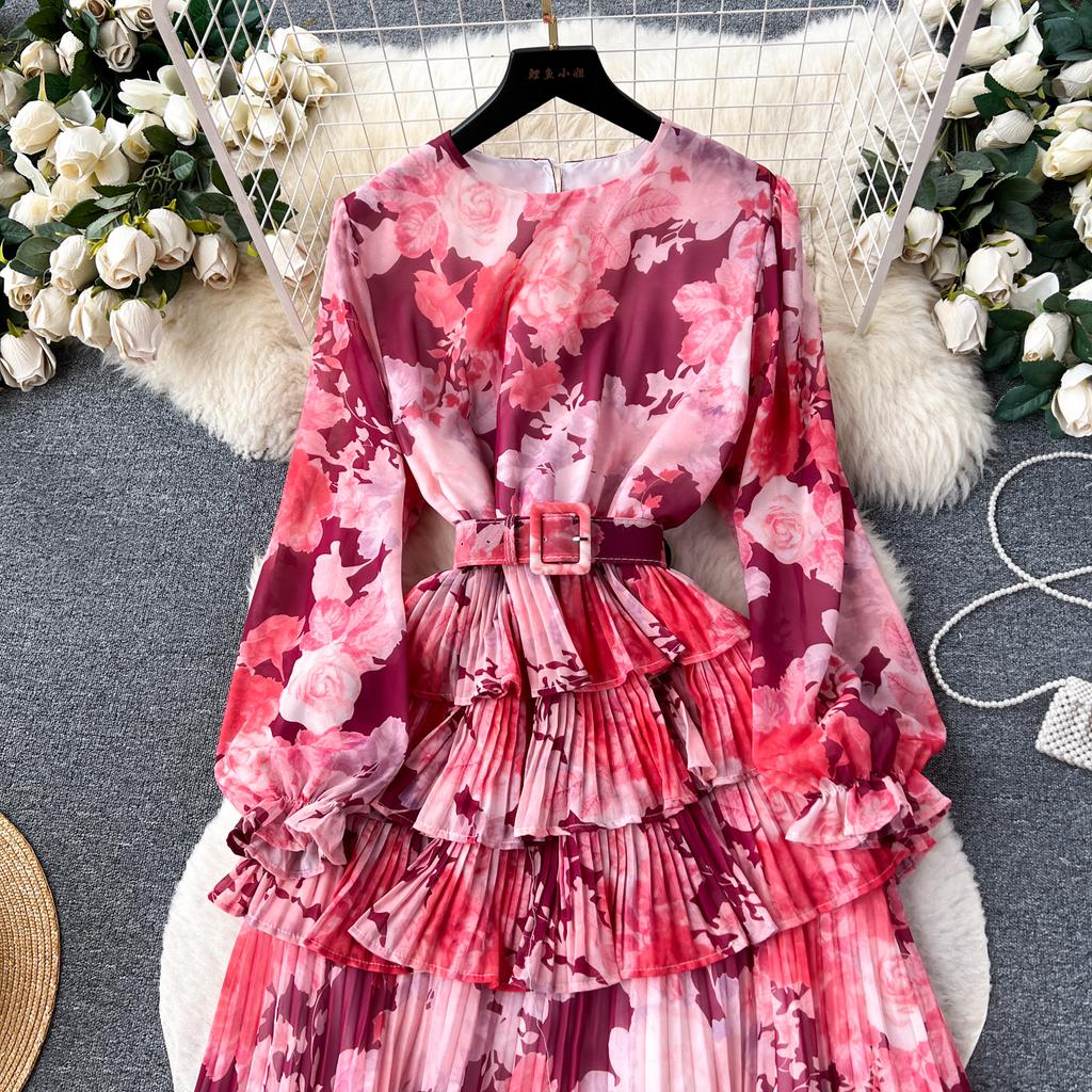 Новое осеннее элегантное женское платье с круглым вырезом и принтом в стиле пэчворк, складками и оборками, с длинными рукавами и высокой талией