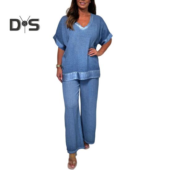 Женский повседневный комплект из двух частей, большой размер, топ с V-образным вырезом и короткими рукавами, широкие брюки, летний свободный комплект для отдыха