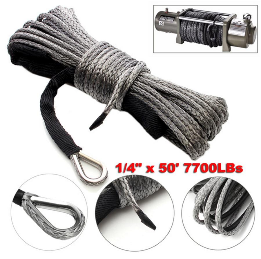 1/4'' X 50' 7700LBs Synthetic Winch Line Cable Rope W/ Sheath For Car ATV UTV Jeep Grey