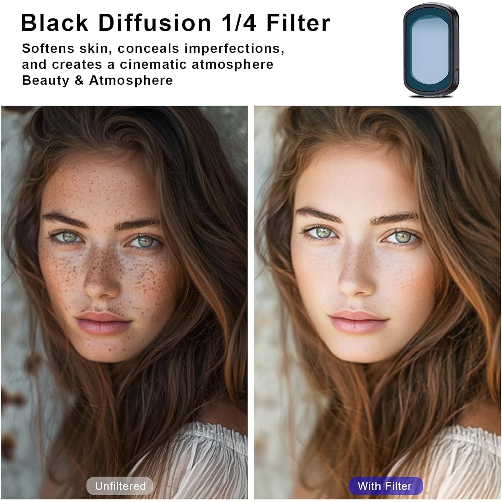 Haoge Magnetic Filter Set for DJI Osmo Pocket 3, includes 1/4 Black Diffuse, Light Pulse Reduction Filter, Variable ND 2-32, LCD Screen Protector, and
