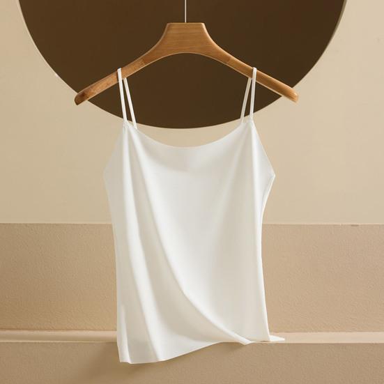 Women's Faux Silk Camisole Top Ice Silk Satin Tank Top Spaghetti Strap Sleeveless Cami Top Crew Neck Silky Summer Basic Blouse