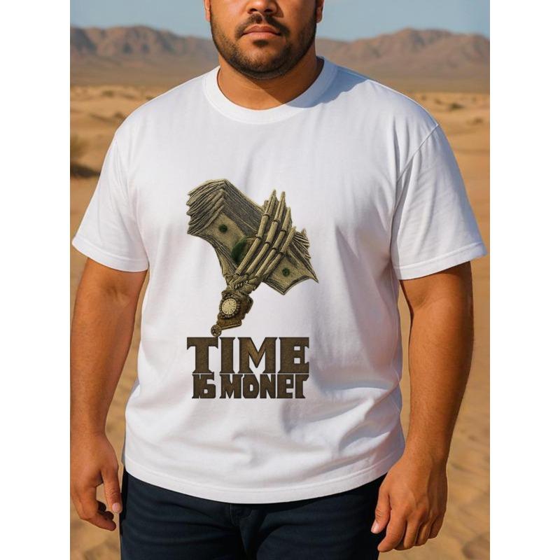 Европейские размеры Мужская футболка Time is Money с принтом Череп и Долларовая купюра - с зеленым дизайном доллара, Свободный крой, Повседневная, Короткий рукав, Круглый вырез