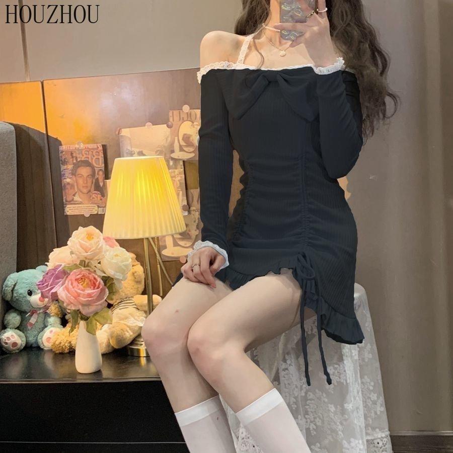 Платье без бретелек с бантом. Весеннее французское милое платье с висячим воротником и длинными рукавами на шнуровке «рыбий хвост».