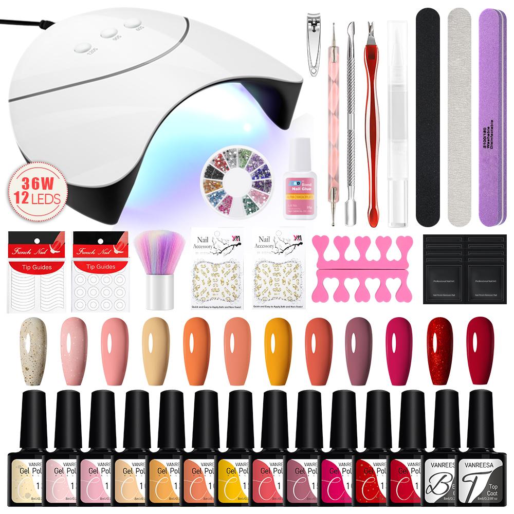 VANREESA Набор гель-лаков для ногтей, 12 цветов, чистый гель-лак и УФ-светодиодная лампа, набор для сушки геля, инструменты для дизайна ногтей, наклейки, лак для дизайна ногтей, маникюрный набор