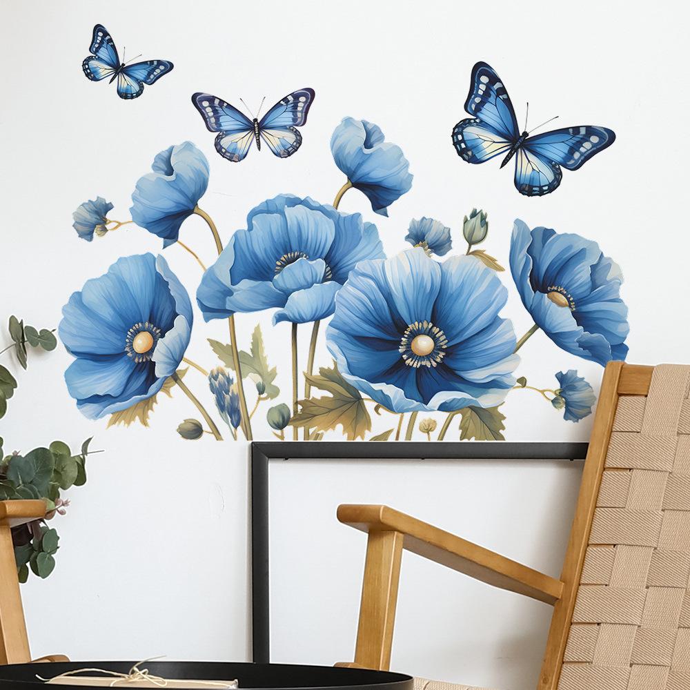 Fun-c12 Painted Romantic Blue Flowers Butterfly Bedroom Living Room Background Layout Wall Stickers