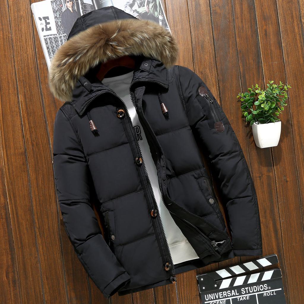 Winter Down Coat Men's Button Zipper Design Fur Collar Hooded Down Jacket Thick Warm White Duck Down Coat Parka Brand Men Clothing