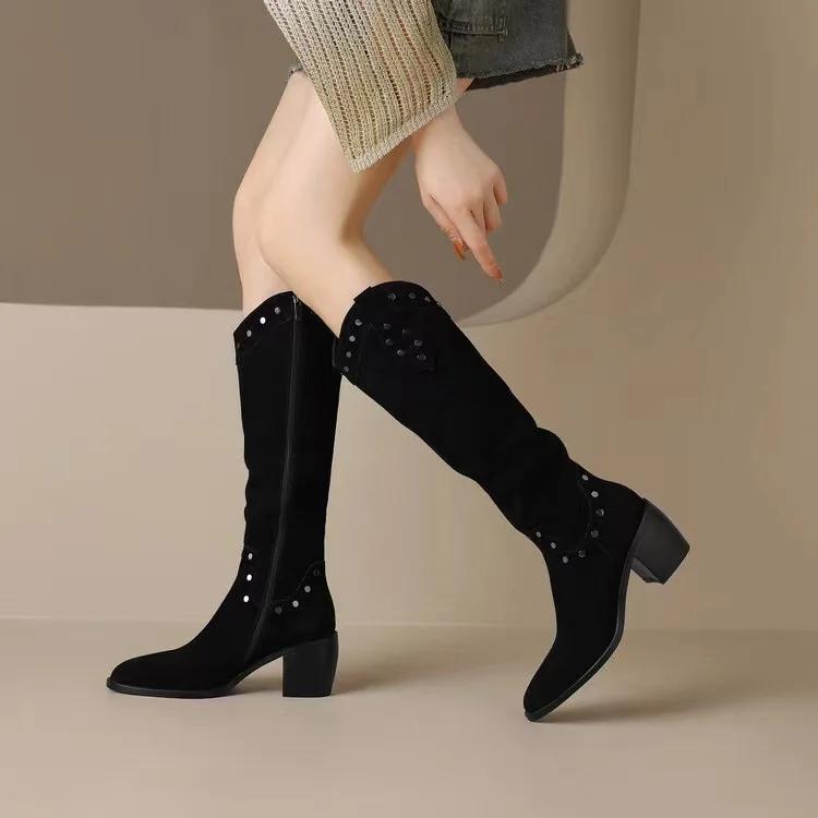Fashion 2024 New Pointed Toe Chunky Low Heel Knee High Ladies Western Boots Woman Fashion Rivet Long Boots Retro Classic Women's Shoes