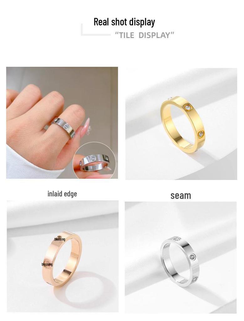 Luxurious 4mm Titanium Steel 6-Diamond Gold-Plated Stainless Steel Couple Rings - Non-Fading, Exquisitely Engraved
