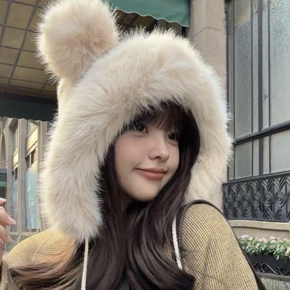 Warm Ear Protection Hat Cute Bucket Hat Thickened Plush Bear Hat  Women