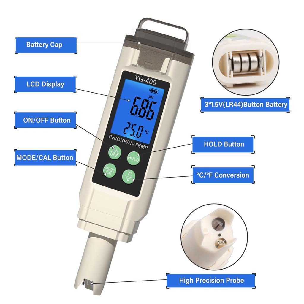 Yieryi 4 In 1 Digital Water Quality Tester PH ORP H2 Temp Meter Reactive Oxygen Analyzer For Hydrogen Water Aquarium Hydroponics Lab