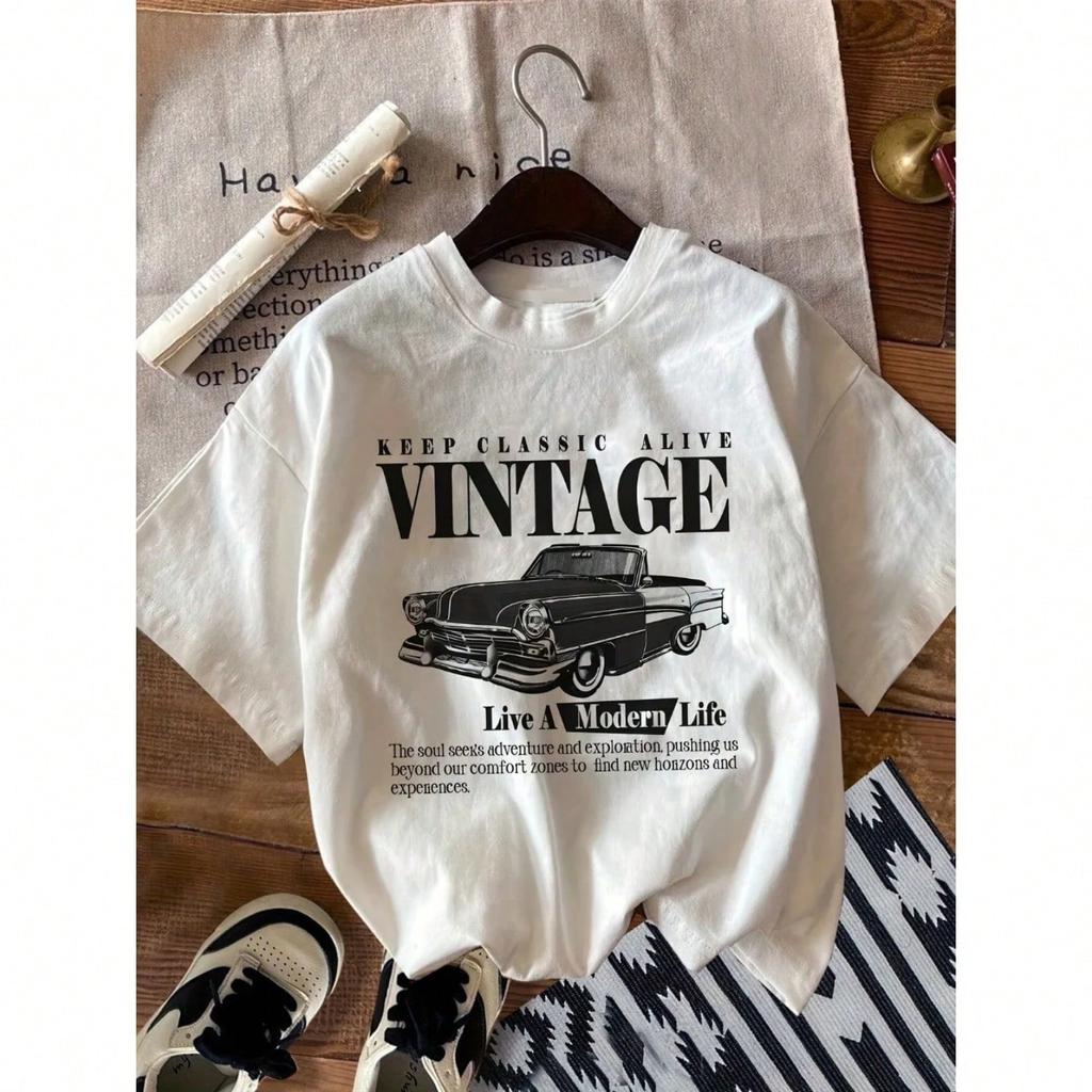 Vintage Car Print T-Shirt Medium Stretch Knit Fabric Casual Sports Style Spring/Summer Top Y2k Top Clothing