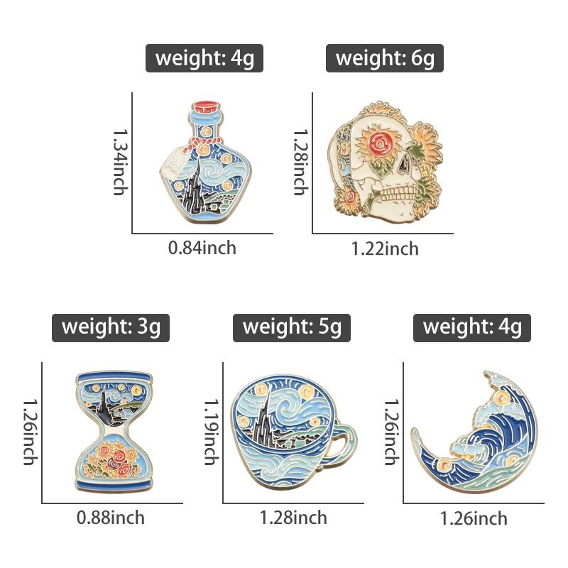 Classic Oil Painting Created By Van Gogh Enamel Pins Starry Moon Night Sunflower Waves Brooches Lapel Badge Art Painting Jewelry