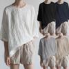 Японская футболка с круглым вырезом, хлопковая и льняная спинка, разрез, рукава-пять точек, повседневная свободная футболка-пуловер