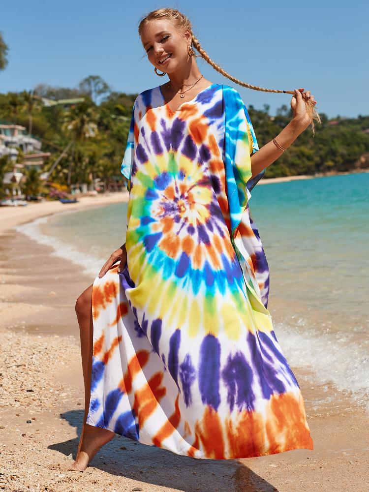 EDOLYNSA Multicolored Kaftan Bohemian Printed V-neck Batwing Sleeve Maxi Dress Women Beachwear Half Sleeve Maxi Dress Robe