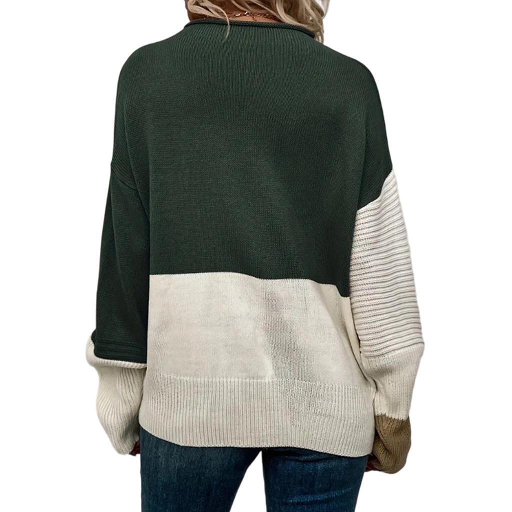Women's Casual Round Neck Colorblock Pullover Sweater Loose Casual Long Sleeve Contrast Color Top