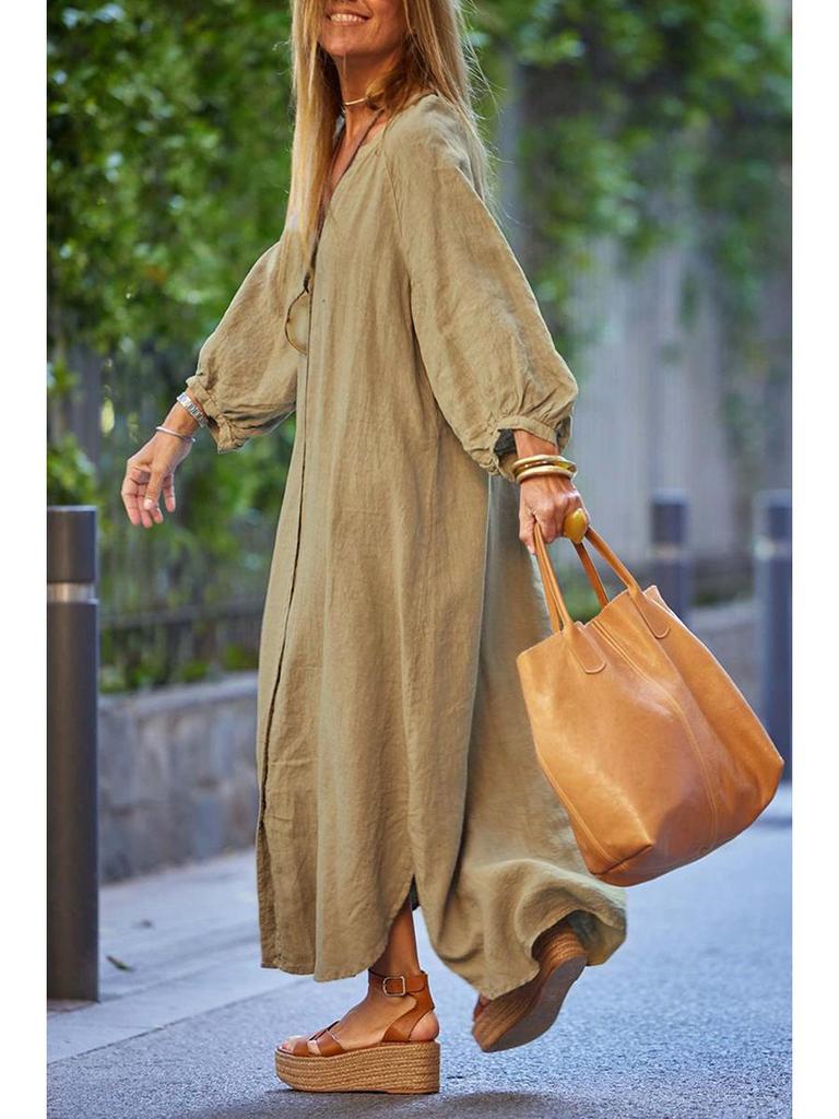 2025 Summer Women's V-neck Cotton Linen Dress: Casual European & American Vacation Style