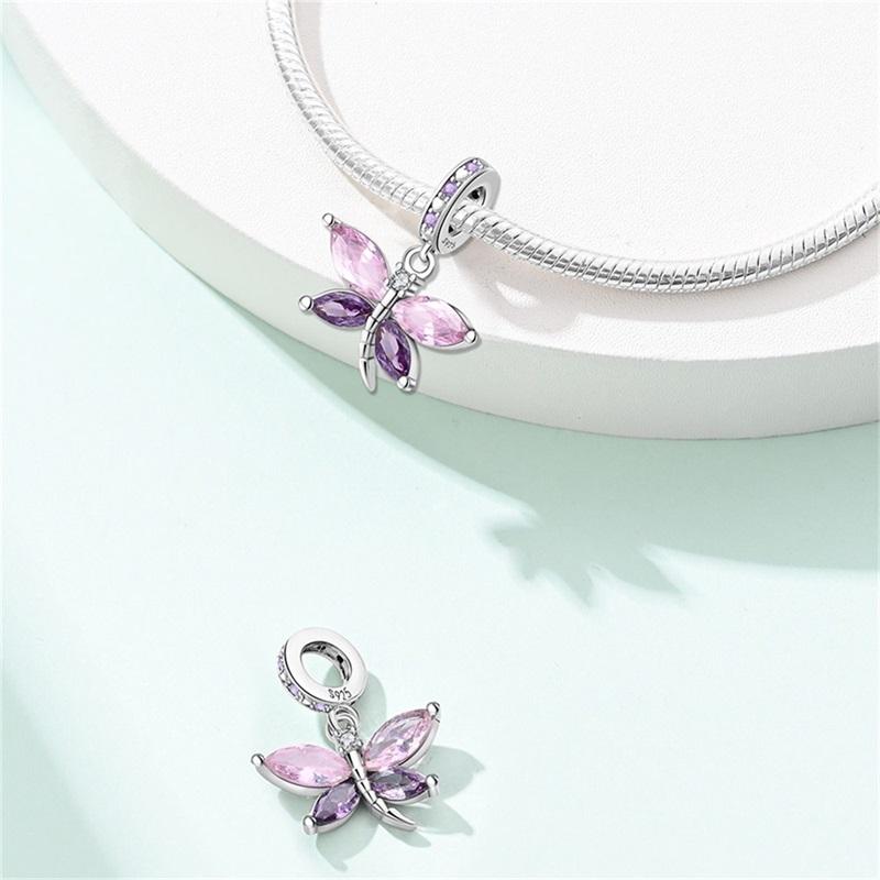 925 Silver Gem Butterfly Dragonfly Flowers Charms Pendant Fit Pandach 925 Bracelets DIY Little Fresh Jewelry